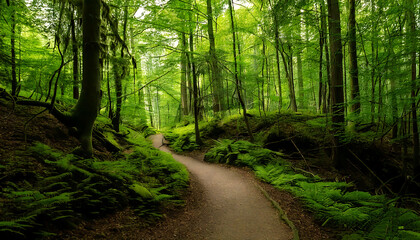 Obraz premium Serene forest path winding through lush greenery. Perfect for nature, travel, or wellness themes. Evokes tranquility and adventure. Ideal for websites, brochures, or social media.
