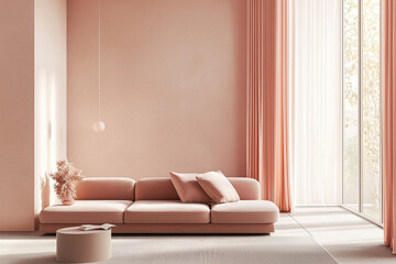 Minimalist pastel pink living space with soft lighting and elegant furniture arrangement.