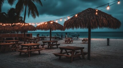 Tropical beach bar, evening, storm clouds, picnic tables, romantic