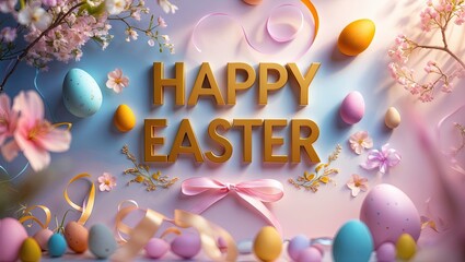 Golden lettering happy easter with pastel easter theme 