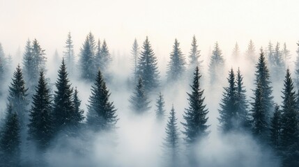 Misty mountain forest sunrise; nature serenity