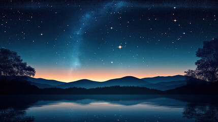 Fototapeta premium Flat Illustration Of A Night Sky With A Shooting Star, Using A Purple And Blue Color Palette Minimalist Flat Style, Vector, Plain Background, Trending Illustration Space