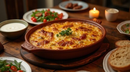 Delicious kosi albanian baked lamb with yogurt served family-style