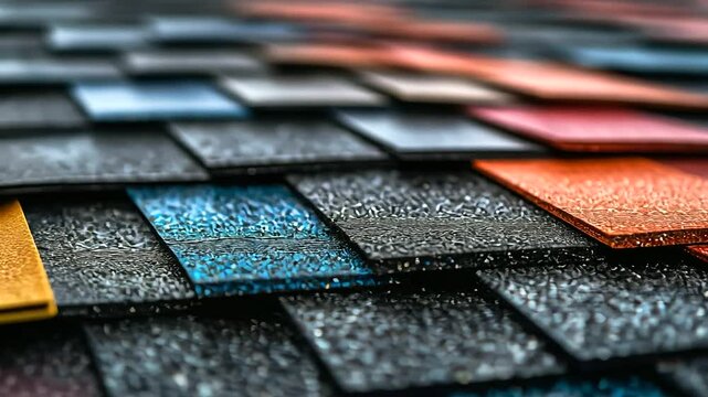High-resolution image of roofing shingles in gradient colors, resting on a mirror-like reflective surface, illustrating their quality and versatility for luxury home construction.