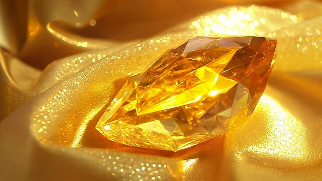 Close-up view of a radiant citrine gemstone, exhibiting a rich yellow hue, resting on a golden fabric backdrop. The stone's facets sparkle brightly, with light