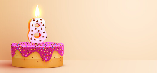 8 year anniversary. Cake with burning candles and confetti. Birthday banner. Vector illustration