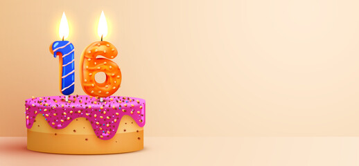 16 years anniversary. Cake with burning candles and confetti. Birthday banner. Vector illustration