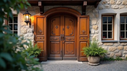 Fototapeta premium Beautifully crafted traditional wooden door in an old Austrian setting