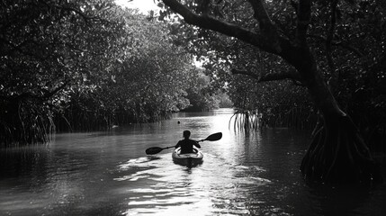 A person in a canoe navigating through calm floodwaters, capturing the essence of outdoor adventure and connection with nature.