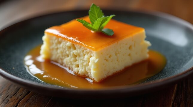 Delightful Albanian Trilece dessert with caramel sauce and mint garnish