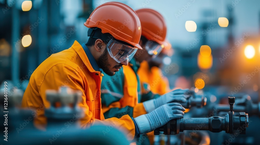 Poster Two Construction Workers in Protective Gear Collaborating on Industrial Machinery with Focused Expressions in a Busy Work Environment