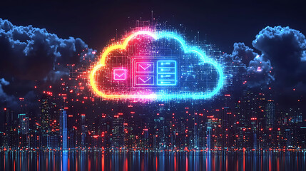 Stunning futuristic cityscape at night with a vibrant, glowing cloud computing symbol overhead.