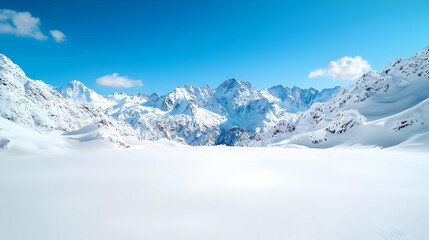 Obraz premium Snow-covered mountain peaks rise under a clear blue sky beyond a vast white snowy plateau on a bright winter day.