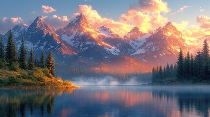 Majestic Mountain Range Reflecting in Calm Lake at Sunset