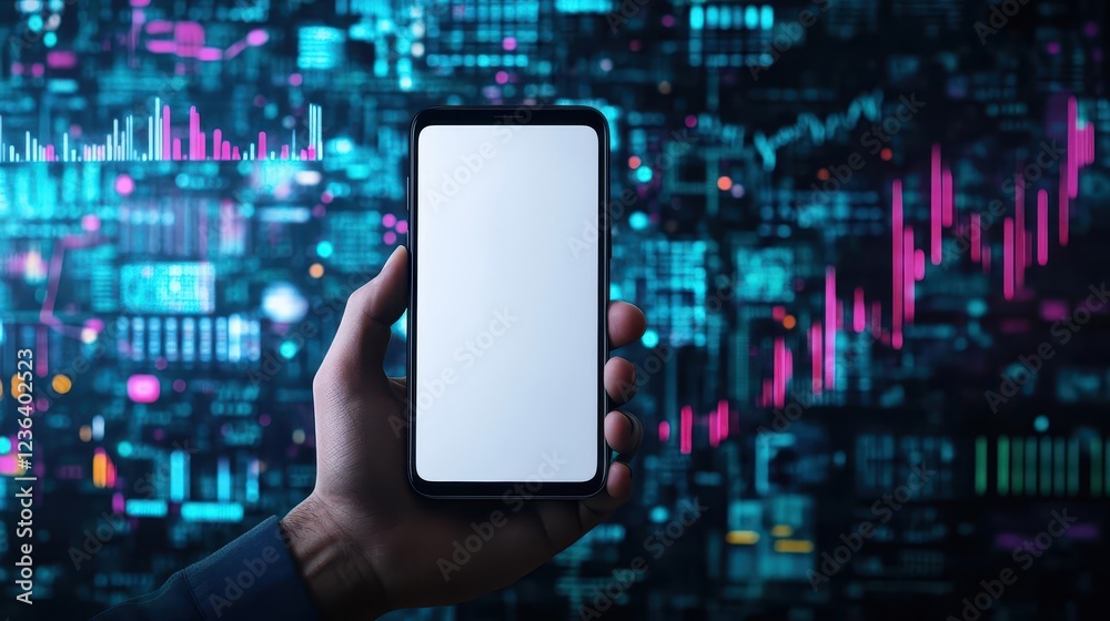 Poster a close up of a hand holding a smartphone with a blank white screen against a soft focus background 