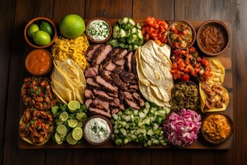 array of tacos on wooden board, with ingredients like meat and vegetables scattered around. The background is dark wood to highlight the colors of each tilt-shift food.