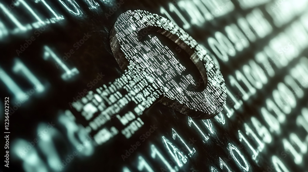 Poster intriguing closeup of a search icon formed from digital code, set against a backdrop of binary data.