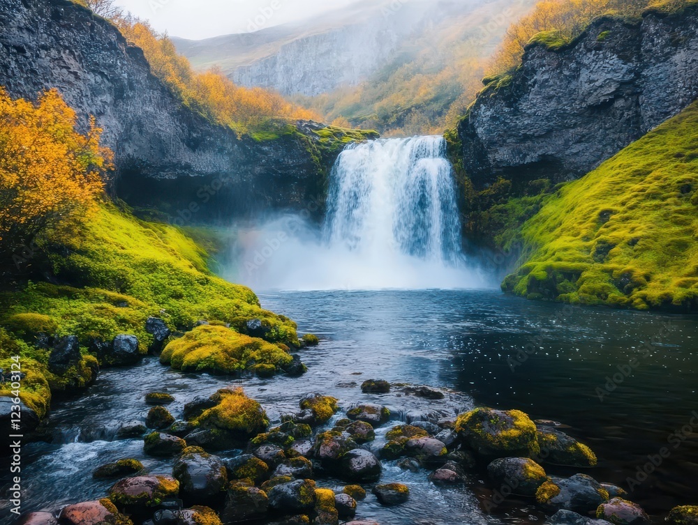 Poster majestic waterfall cascading through lush green forest surrounded by vibrant flora and fauna creatin