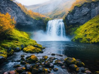 Obraz premium Majestic Waterfall Cascading Through Lush Green Forest Surrounded by Vibrant Flora and Fauna Creating a Peaceful and Invigorating Natural Scene