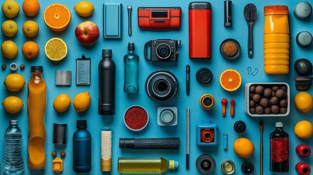 Flatlay of various objects on a blue background including fruits, drinks, camera equipment, and other miscellaneous items