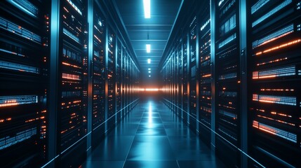 Obraz premium A long server room corridor filled with racks lit with orange and blue lights that create a futuristic feel