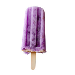 Delicious purple popsicle with wooden stick, partially eaten and refreshing. PNG, isolated on white/transparent background