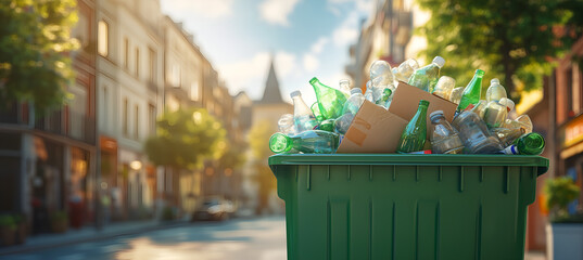  green bin filled with plastic bottles and cardboard sits on the street, with buildings in the background on a sunny day.