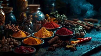 A colorful array of spices, including cayenne pepper powder in small bowls and other ingredients like cinnamon sticks, star anise pods, red chilies, and turmeric roots, are arranged on the table. 