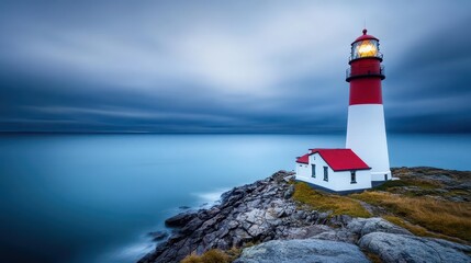 Obraz premium Majestic Lighthouse Standing Tall on Rugged Rocky Shoreline Under Clear Blue Skies with Waves Crashing Creating a Dramatic Coastal Landscape Scene