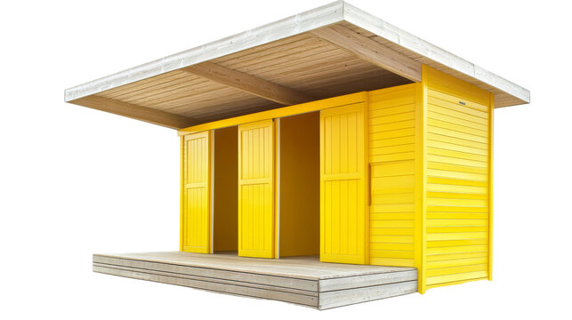 Yellow beach hut with open doors and transparent background
