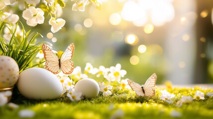 Delicate butterflies flutter above tiny handcrafted flowers nestled among Easter eggs in a vibrant miniature garden under soft natural light, creating a whimsical spring atmosphere