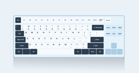 A full-size keyboard in a combination of white and dark blue, with a cold white snow theme gives it a clean and minimalist look