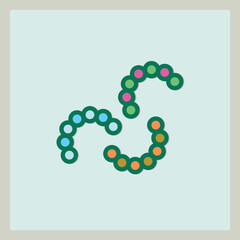 Microorganism icon featuring three curved chain of circles in various colors on light background