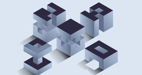 Dark gray blocks arranged in a floating structure with an isometric perspective
