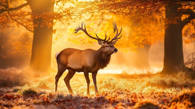 Majestic red deer stag in autumn forest,illuminated by golden sunlight,perfect for nature, wildlife, and autumnal themed projects