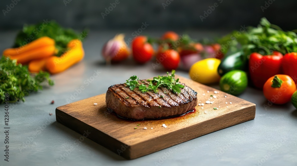 Poster juicy steak plated on rustic wooden board accompanied by fresh vegetables and aromatic herbs creatin
