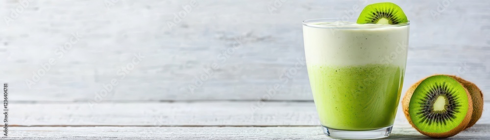 Poster refreshing glass of bright green kiwi juice surrounded by fresh kiwis creating a vivid and inviting 