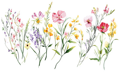 Hand-drawn wildflowers and botanical elements, intricately framed in a watercolor design, creating an enchanting and vibrant illustration that brings the natural world into focus with an artistic and 