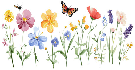 Wildflowers in full bloom illustrated in intricate watercolor, with a butterfly and dragonfly adding a dynamic touch to the peaceful botanical scene, celebrating the harmony of nature.