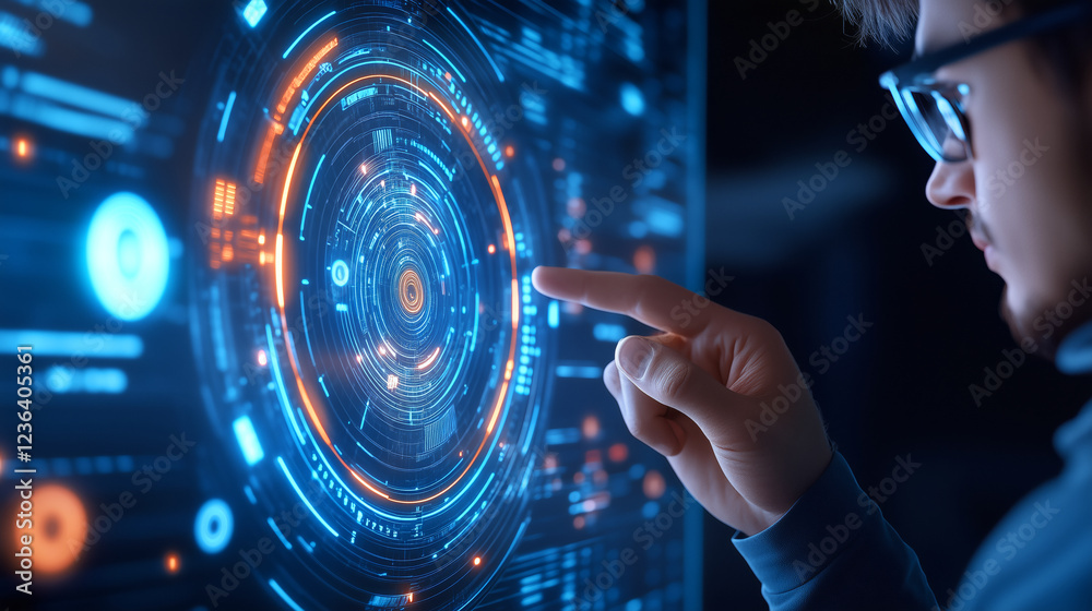 Poster a young man with glasses engages with a luminous digital display, manipulating a high-tech interface