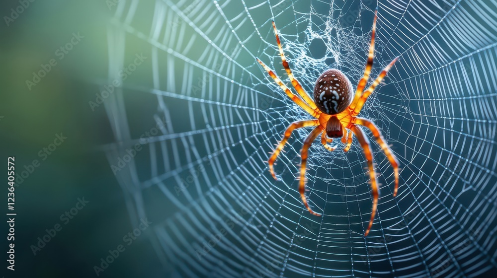 Poster Intricate Spider Creating a Mesmerizing Web in a Sunlit Forest with Dewdrops Highlighting the Delicate Structure and Nature's Captivating Beauty