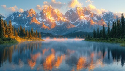 Fototapeta premium Majestic Sunrise Over Snowcapped Mountain Range Reflecting In Calm Lake
