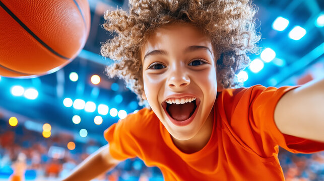 A young boy with curly hair is grinning widely while holding a basketball close to the camera in a lively sports facility filled with bright lights and cheering fans