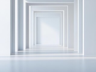 Fototapeta premium Bright and Airy White Room Featuring a Long White Corridor Evoking Minimalist Aesthetic and Tranquil Ambiance in a Modern Interior Design Setting