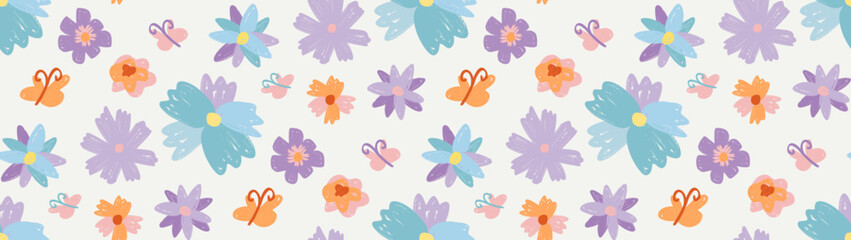 Seamless pattern with hand drawn doodle style flowers and butterflies. Crayon pencil texture, child drawings. Cute background, spring, summer wallpaper for print, packaging, textile, seasonal designs.