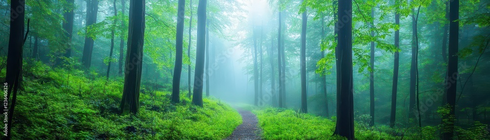 Poster Mysterious Forest Pathway Shrouded in Enveloping Fog Inviting Exploration through Lush Green Trees and Soft Light Creating an Ethereal Atmosphere