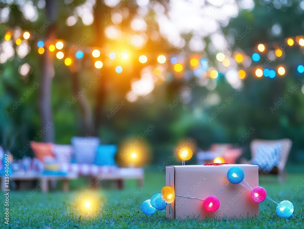 Aufkleber cardboard box adorned with warm twinkling string lights creating a cozy ambiance perfect for festive