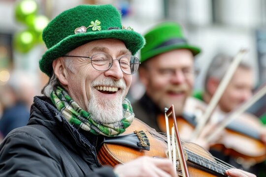 Traditional irish band performing lively music outdoors for cultural celebration