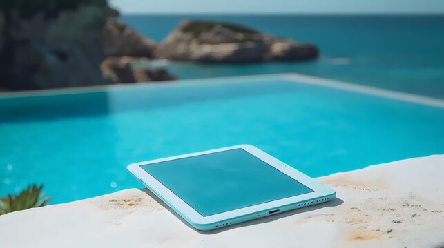 A tablet is sitting on a ledge next to a pool
