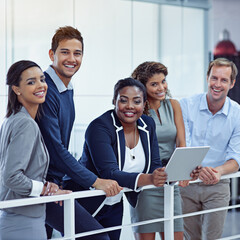 Portrait, support and business people in office for digital agency, collaboration and confidence in...